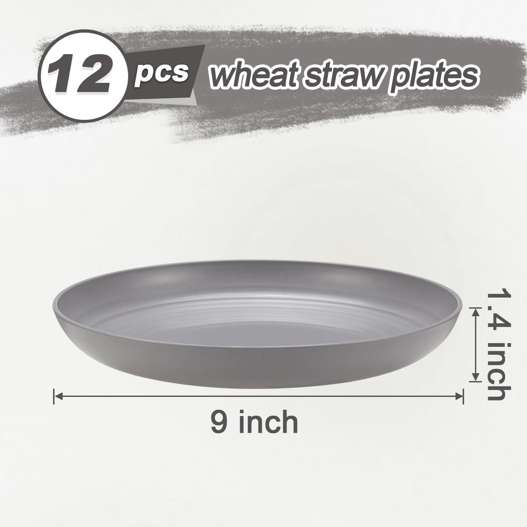 HEYCOME 12 Pcs Unbreakable Deep Dinner Plates Set, 9 inch Reusable Plastic Wheat Straw Plates, Microwave and Dishwasher Safe Plate for Kitchen, Lightweight Plate for Dessert, BPA Free, Light Gray