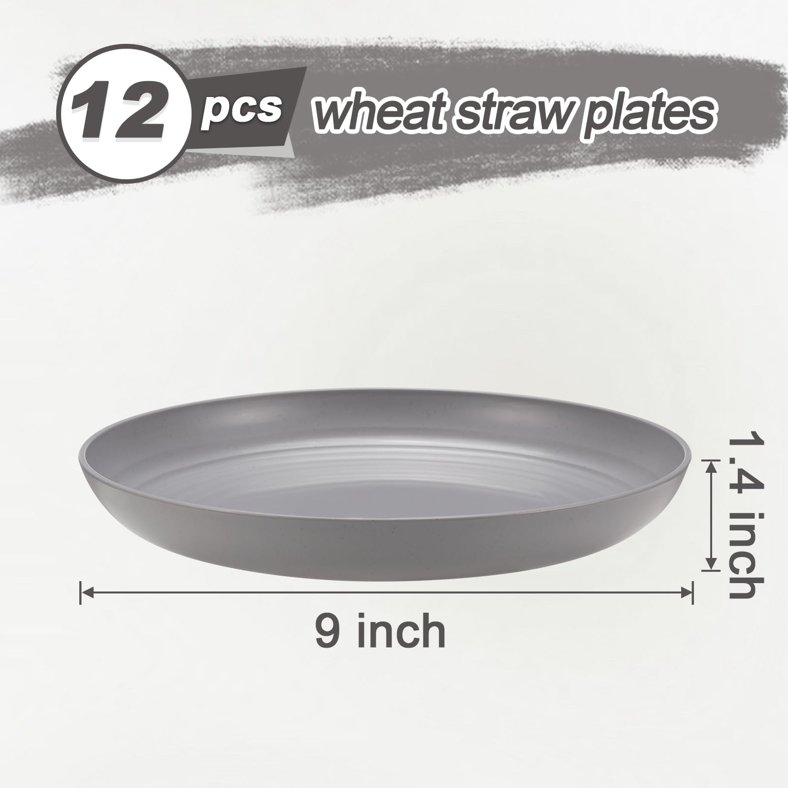 HEYCOME 12 Pcs Unbreakable Deep Dinner Plates Set, 9 inch Reusable Plastic Wheat Straw Plates, Microwave and Dishwasher Safe Plate for Kitchen, Lightweight Plate for Dessert, BPA Free, Light Gray