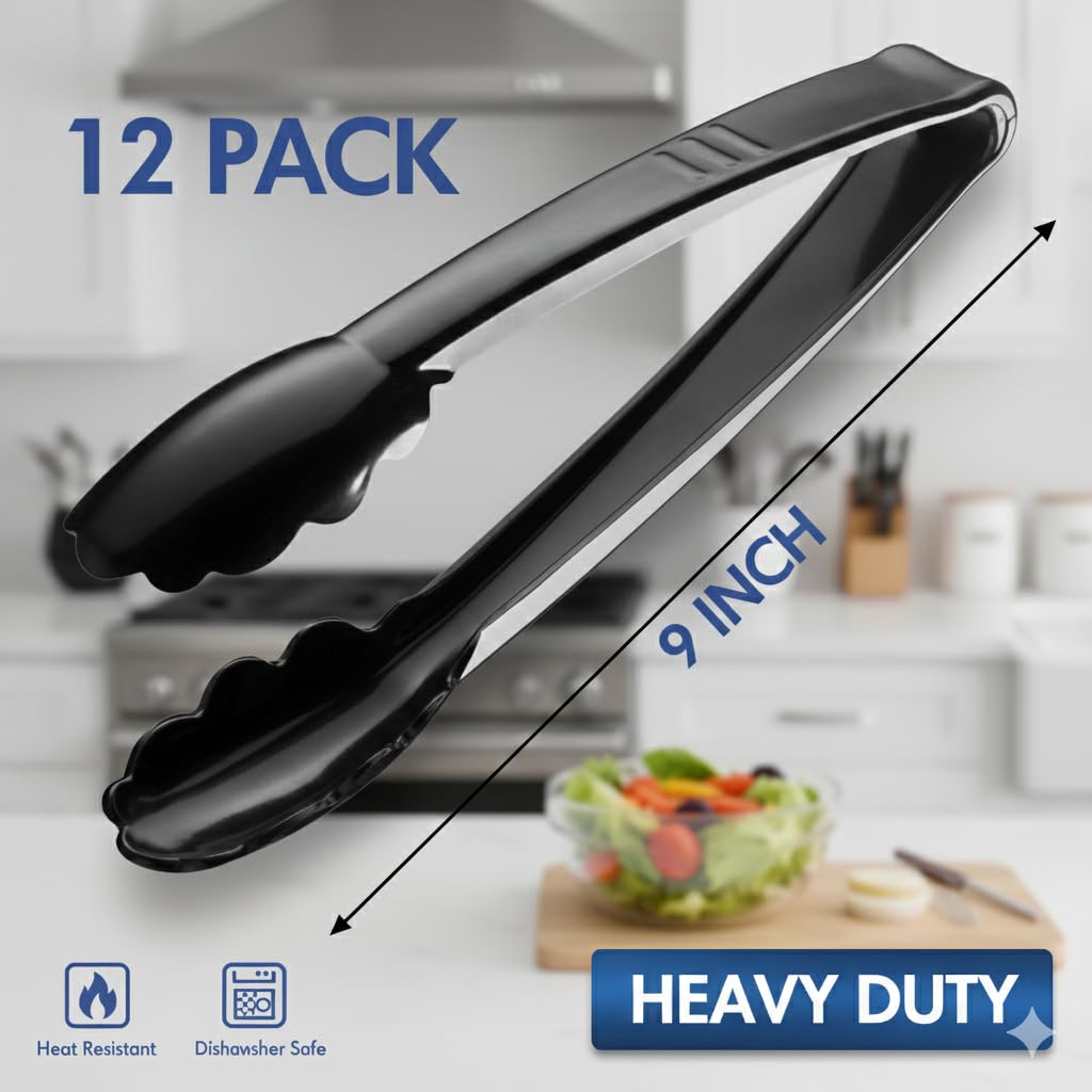 Plastic Tongs for Serving (Pack of 12) 9 Inch - Heavy-Duty Hard Plastic Reusable or Disposable Serving Tongs for Catering, Dinner Parties, Banquets, Buffets, Events, Weddings and Everyday Use, Black