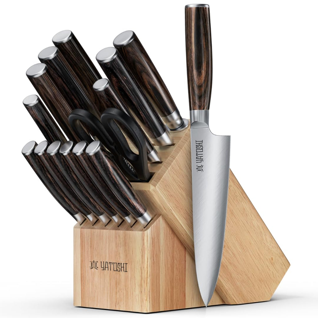 Yatoshi 15 Piece Knife Block Set - Pro Kitchen Knife Set Ultra Sharp High Carbon Stainless Steel with Ergonomic Handle