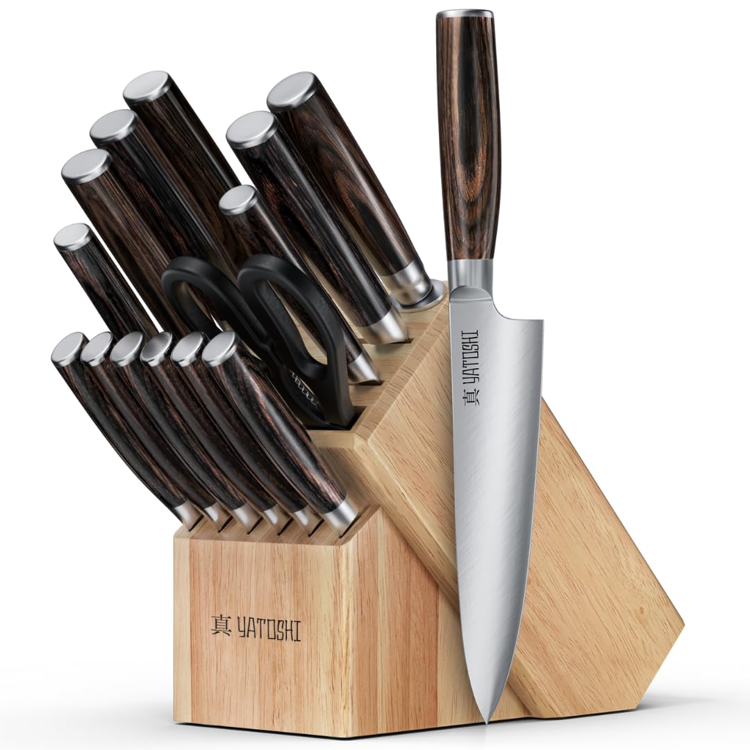 Yatoshi 15 Piece Knife Block Set - Pro Kitchen Knife Set Ultra Sharp High Carbon Stainless Steel with Ergonomic Handle