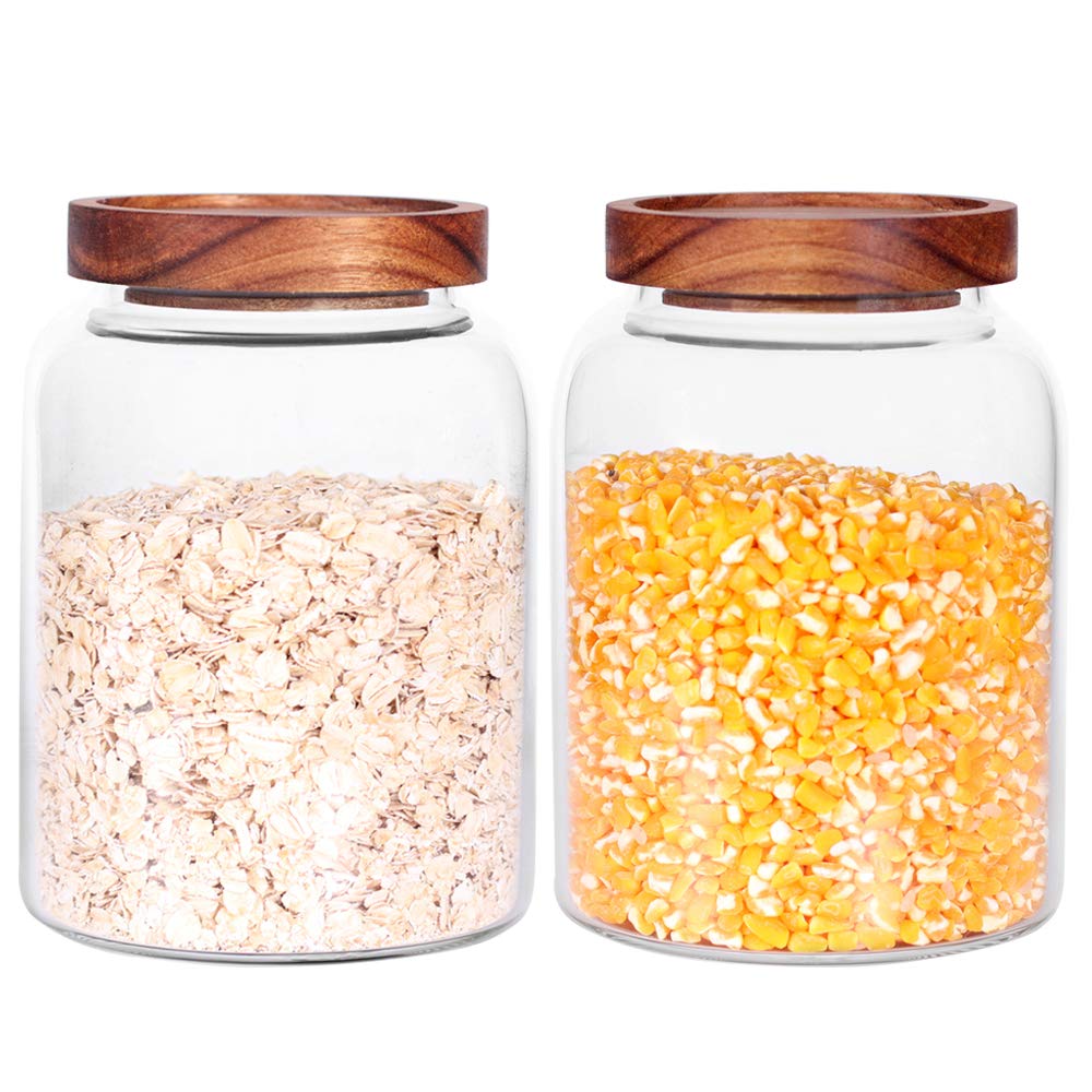 Large Glass Jar with Airtight Lid Set of 2 93 FL OZ(2750ml) glass canister set, Glass Food Containers Wooden Lid Suit for Kitchen Pantry for Flour, Tea, Coffee Beans, Sugar, Cookies(8.8 inch high)
