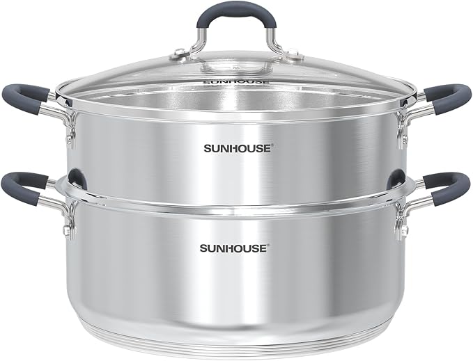 Sunhouse: 2-Tier Stainless Steel Steamer Pots - 5.5 Quart - Tempered Glass Lid, 3-Ply Bottom, Vegetable-Dumpling-Food Cookware, Dishwasher & Oven Safe