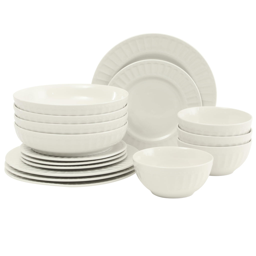 Gibson Home Melbourne White Plates and Bowls Set, 16 Piece Embossed Ceramic Dinnerware Set - Service for 4 Dishes - With Pasta Bowl