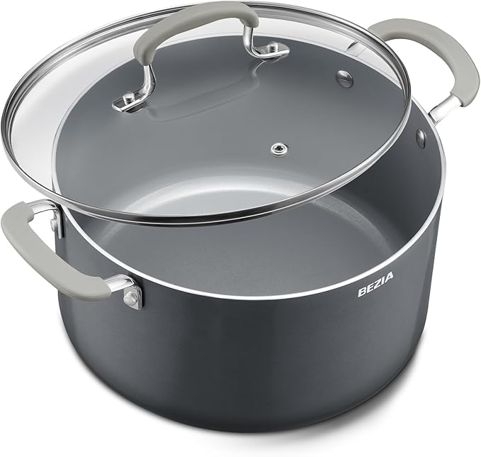 6 Quart Nonstick Stock Pot with Lid, BEZIA Ceramic Soup Pot with Lid, Induction Cooking Pots with Silicone Handle, Compatible with All Cooktops, Dishwasher Safe