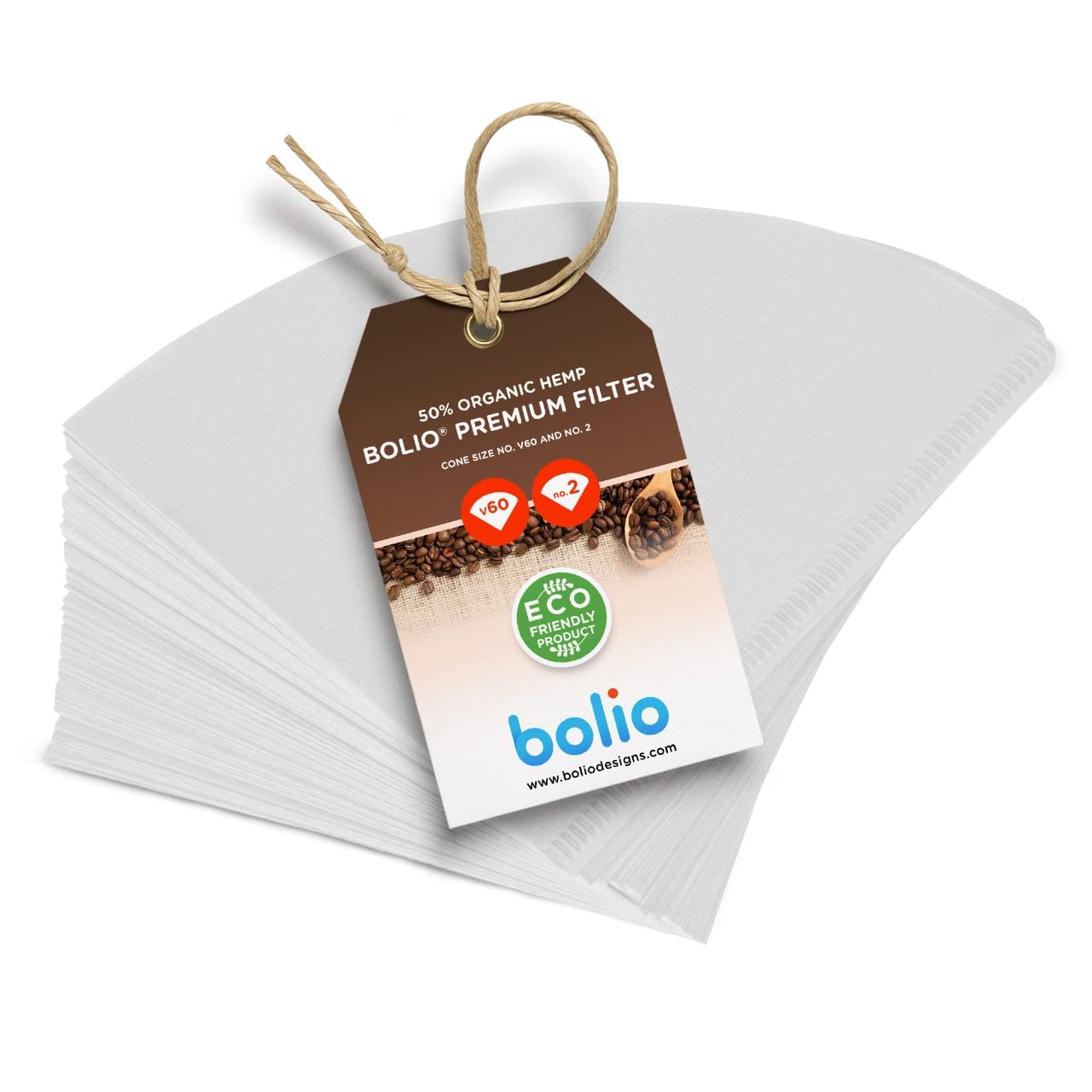 Bolio Premium Hemp White Paper Cone Coffee Filters - Peroxide Whitened - Compatible with V60 and All No.2 Size Pour Over Drippers - (Pack of 100)