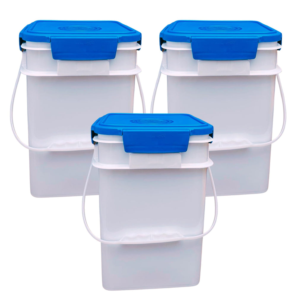 House Naturals 4 Gallon Square Food Grade Bucket Pail with Plastic Handles and Lid (Pack of 3) Made in USA containers (White)