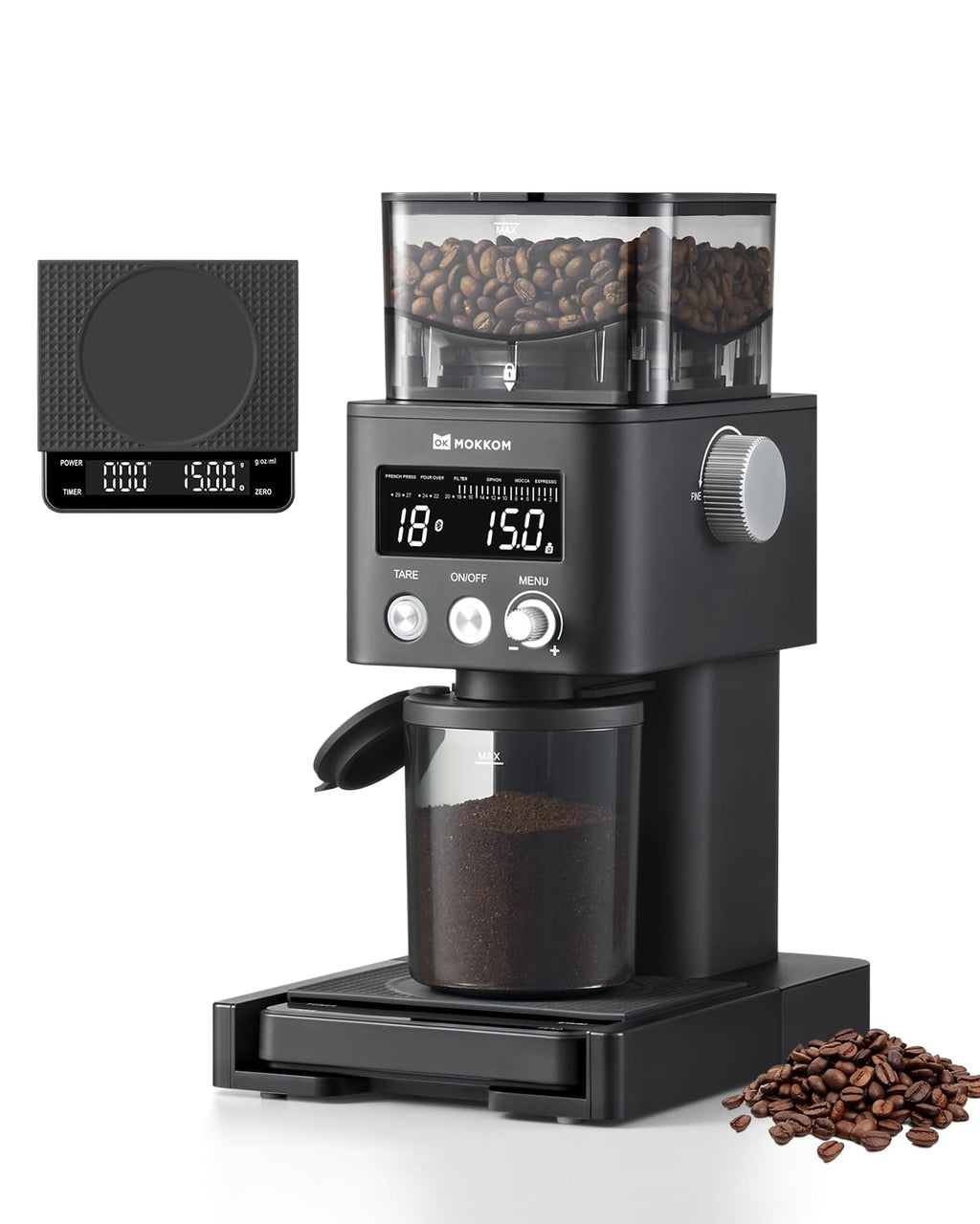 MOKKOM Electric Conical Burr Coffee Grinder with Removable Coffee Scale, Anti-static Coffee Bean Grinder, 31 Grind Settings and Precision Timer for Espresso Pour Over, French Press Black