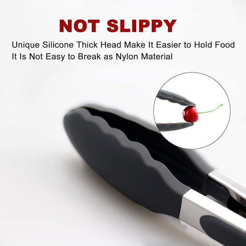 2 Pack Silicone Kitchen Tongs, 9 & 12 Inch, Stainless Steel, Black