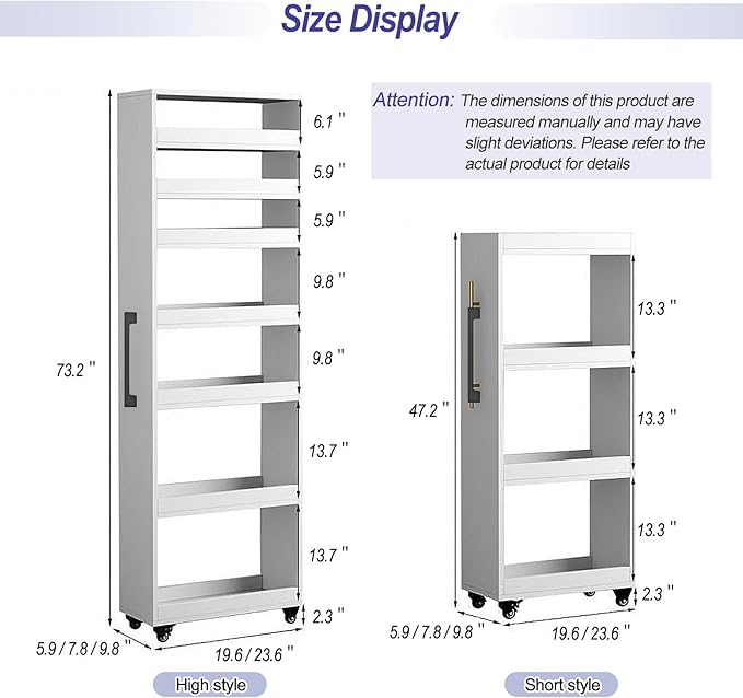7-Tier Slim Storage Cart, Wooden Rolling Pantry Cabinet with Wheels, Narrow Shelf Organizer for Kitchen, Bakers Rack, Dining Room, Closet, Small Spaces Gray 73.2‘’H*5.9''W*19.6''D