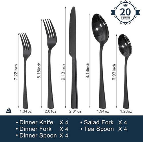 18/10 Flatware set for 4, 20 Piece Black Stainless Steel Silverware Set