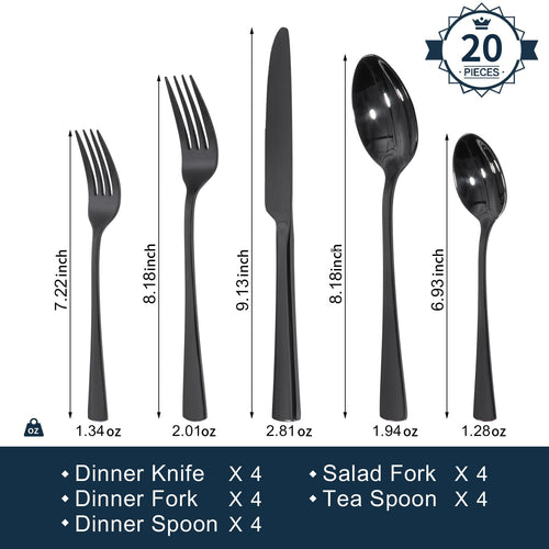 18/10 Flatware set for 4, 20 Piece Black Stainless Steel Silverware Set