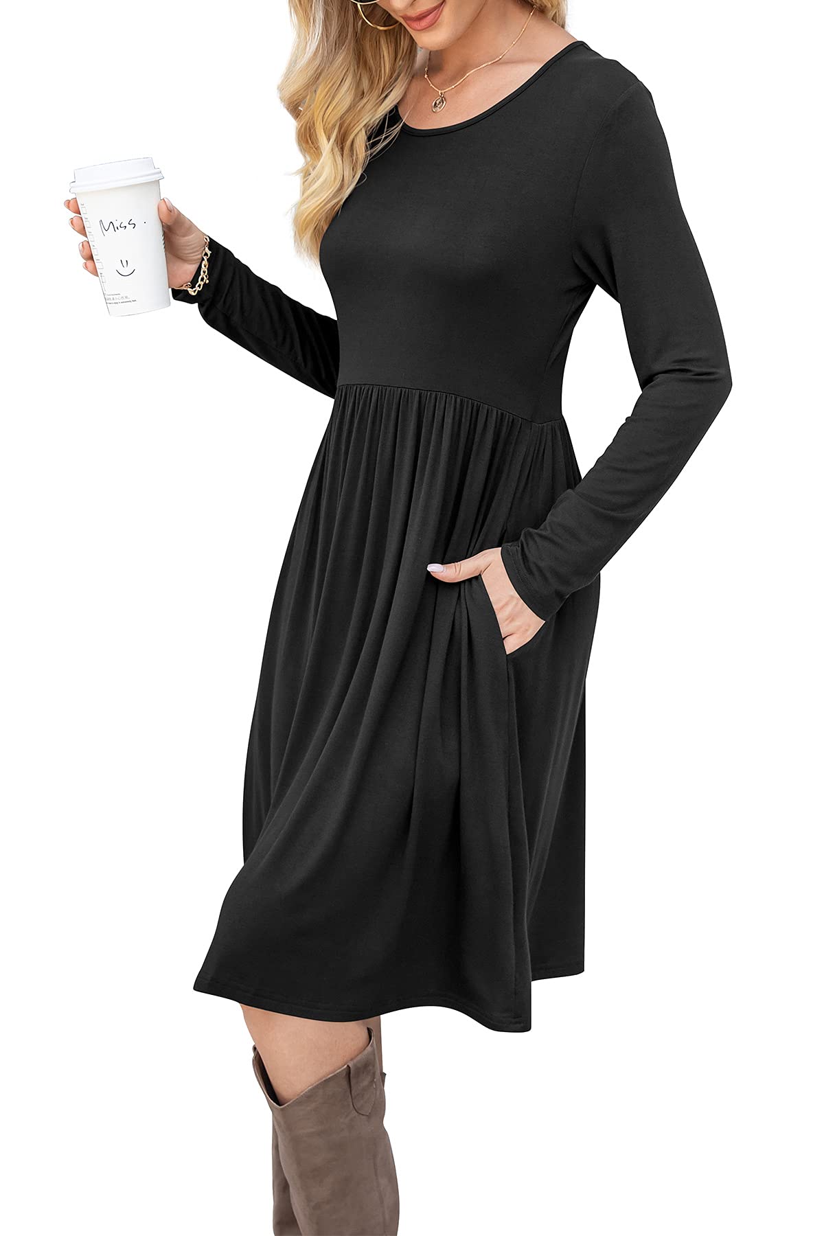 DB MOON Women Casual Long Sleeve Dresses Empire Waist Loose Dress with Pockets (Black, S)
