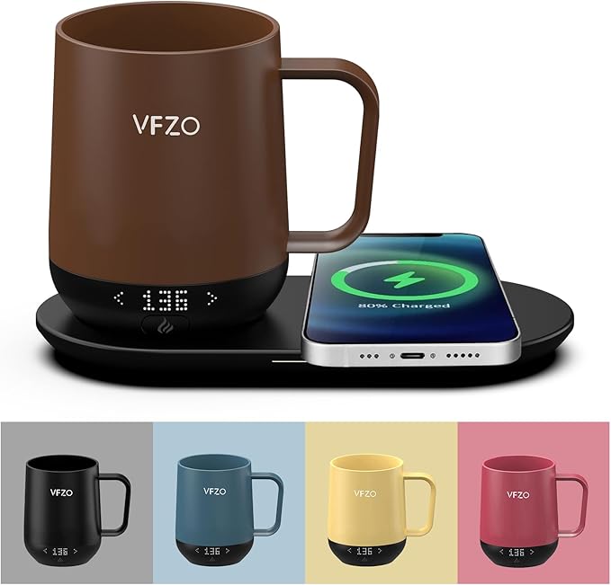 VFZO Temperature Control Smart Mug, Self Heating Coffee Mug LED Display, 180 Min Battery Life - Hot up to 149℉ Fast Wireless Charger Base Improved Design (12oz, Coffee)