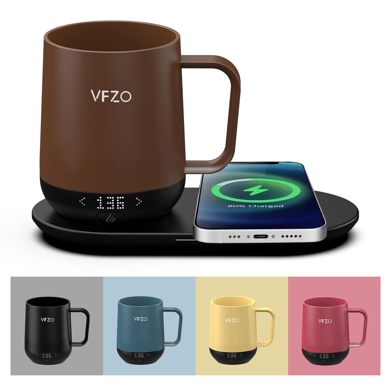 VFZO Temperature Control Smart Mug, Self Heating Coffee Mug LED Display, 180 Min Battery Life - Hot up to 149℉ Fast Wireless Charger Base Improved Design (12oz, Coffee)
