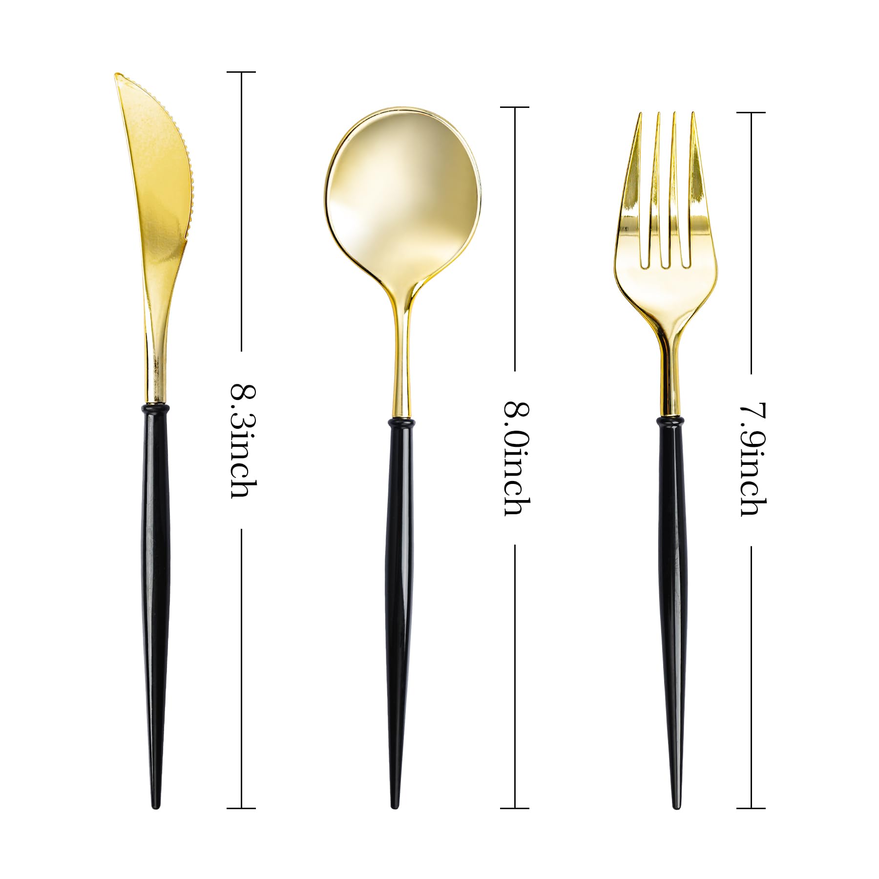 N9R 150Pcs Gold Plastic Silverware - Gold Disposable Cutlery Set with Black Handles with 50 Forks, 50 Spoons and 50 Knives - Perfect for Parties,Halloween, Birthdays, Wedding and Everyday Use