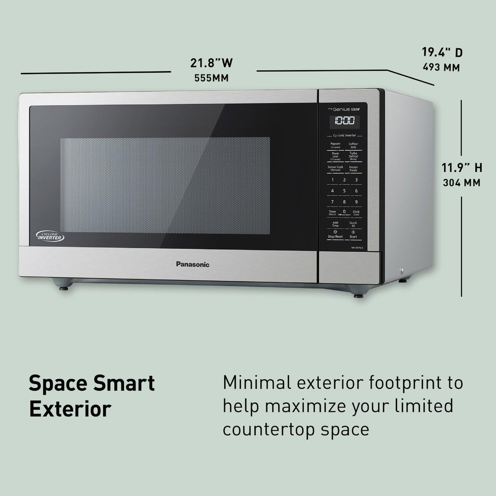 Panasonic NN-SN76LS 1.6 cu.ft Cyclonic Inverter Countertop Microwave Oven 1250Watt Power with Genius Sensor Cooking, 19.44"D x 21.88"W x 11.94"H, Stainless Steel