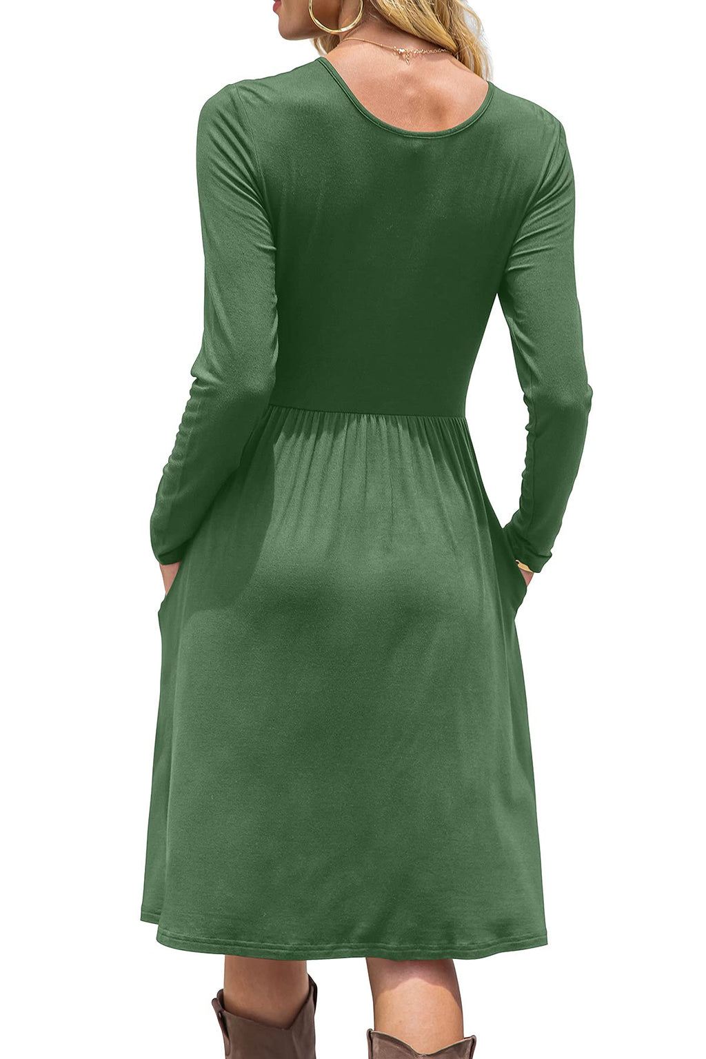 DB MOON Women Casual Long Sleeve Dresses Empire Waist Loose Dress with Pockets (Army Green, 3XL)