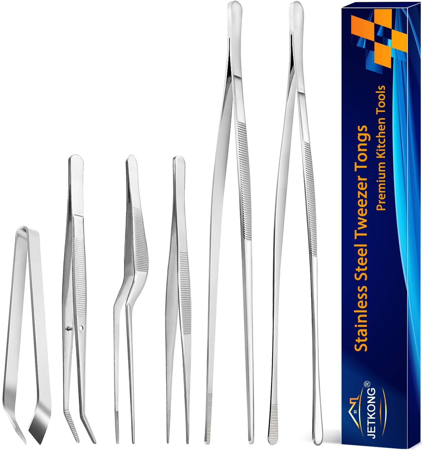 JETKONG 6 Pcs Cooking Tweezer Tongs, 12'' and 6.3" Stainless Steel Kitchen Tweezer Set, Professional Chef Tweezers for Cooking, Repairing, Sea Food, BBQ, Multi-use