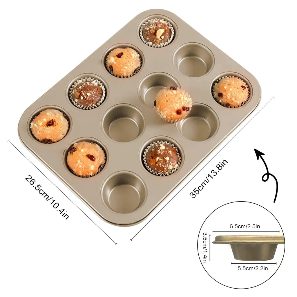 YUNYDSM 2 Pack Muffin Pan for Baking, Standard Nonstick Cupcake Baking Pan Set, 12 Cup Golden Muffin Pan, Cupcake Pans for Baking, Carbon Steel Baking Supplies