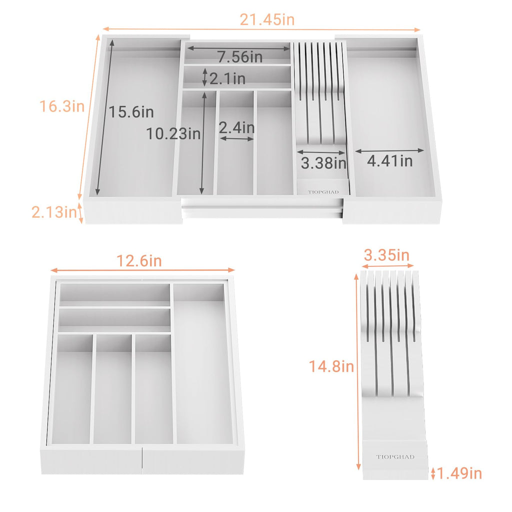 TIOPGHAD Expandable Bamboo Silverware Drawer Organizer Kitchen Tray, White