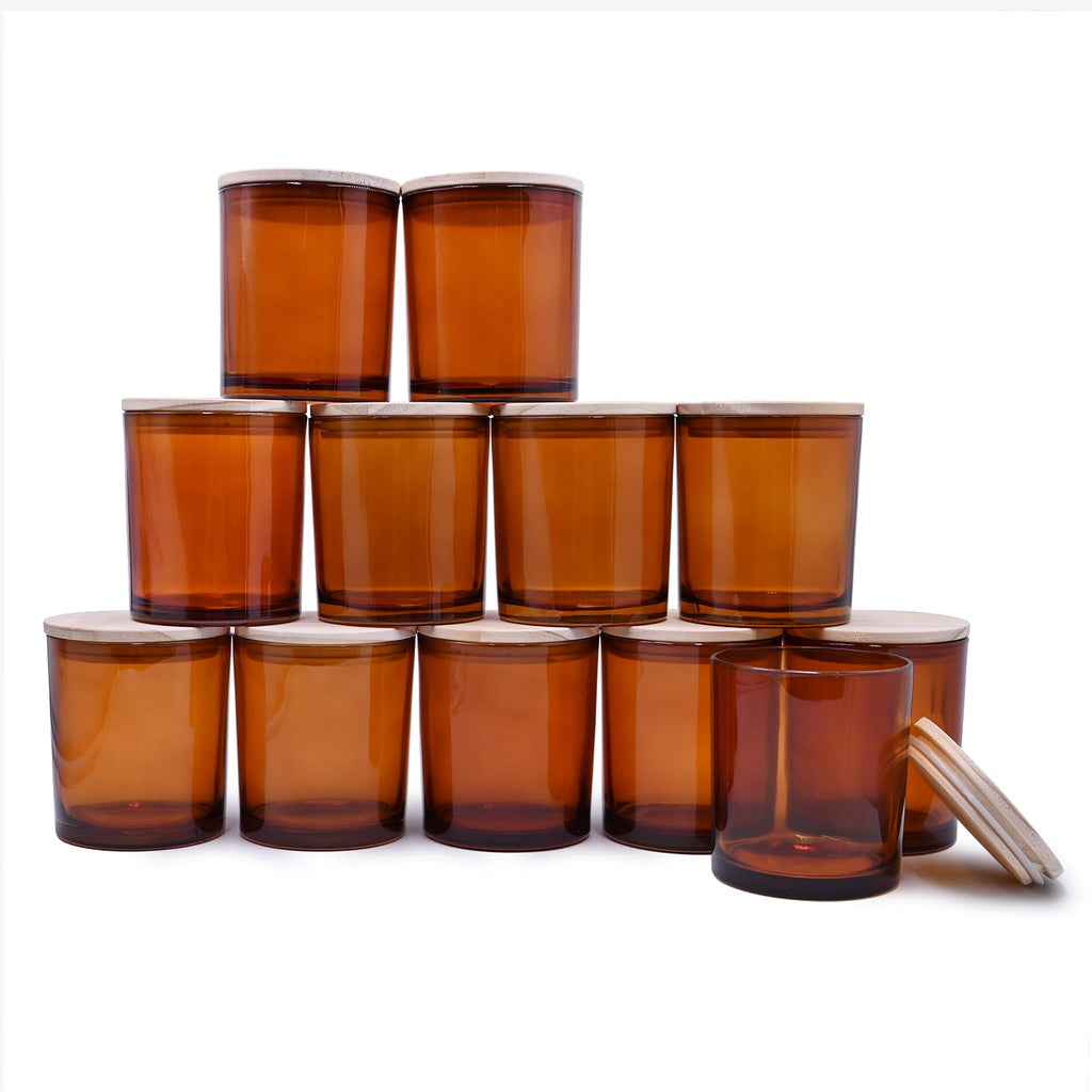 SHOWIN Thick Candle Jars for Making Candles 12 Pcs, 7 OZ Empty Jars with Wood Lids for Candle Making, Sample Container, Clear