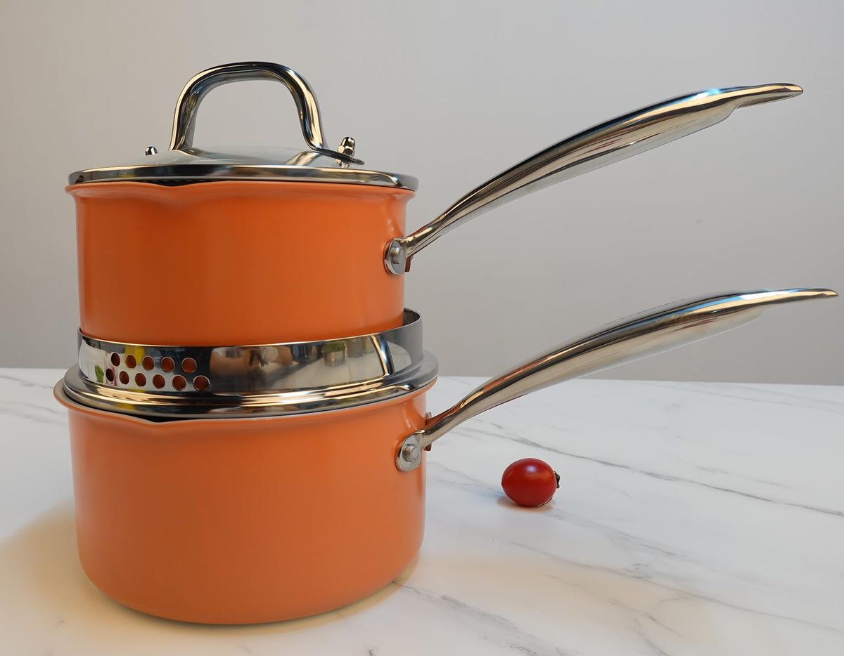 Fracoda 3.0 Quart Stainless Steel Pot Saucepan with Glass Strainer Lid, Sauce Pot with Two Side Spouts, Induction Cooking Pot, Multipurpose Sauce Pan with Lid for Cooking