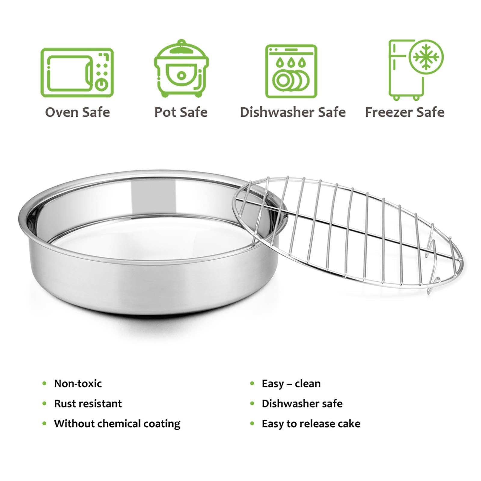E-far 9½-inch Cake Pan with Rack Set, Stainless Steel Round Cake Pans and Baking Cooling Racks, Non Toxic & Healthy, Mirror Polished & Dishwasher Safe - 4 Pieces (2 Pans + 2 Racks)