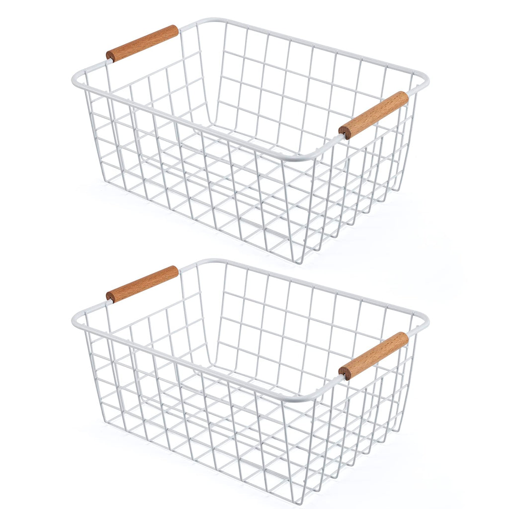 Black 2PCS Wire Storage Baskets with Wooden Handles for Pantry Organizer