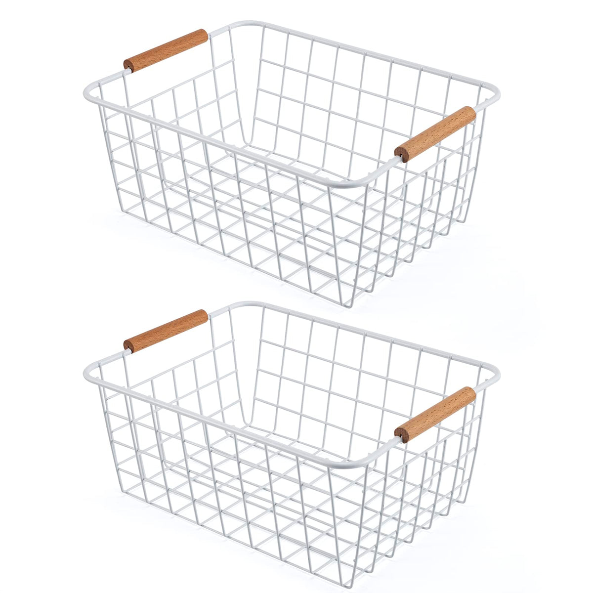 Black 2PCS Wire Storage Baskets with Wooden Handles for Pantry Organizer