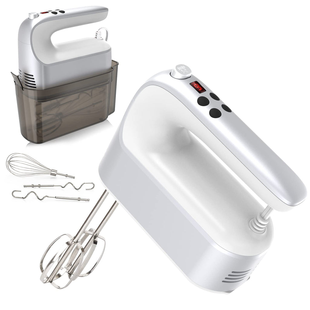 Yomelo 9-Speed Digital Hand Mixer Electric, 400W Powerful DC Motor, Hand Mixer Electric Handheld with Snap-On Storage Case, 5 Stainless Steel Accessories, Beaters, Dough Hooks, Whisk(Silvery White)