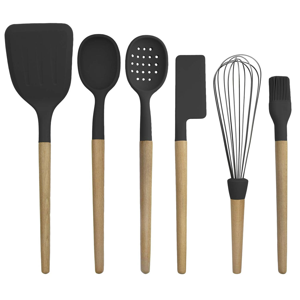 Country Kitchen Non Stick Silicone Utensil Set with Rounded Wood Handles for Cooking and Baking, 6 Piece Set, Black