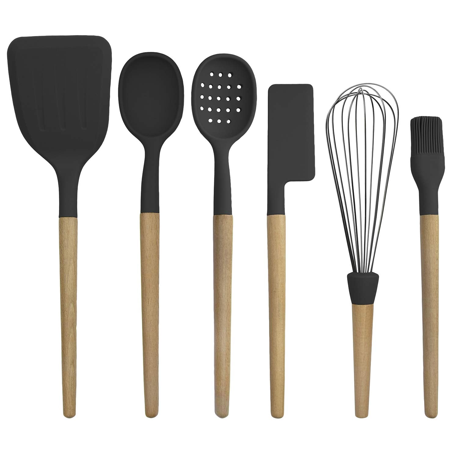 Country Kitchen Non Stick Silicone Utensil Set with Rounded Wood Handles for Cooking and Baking, 6 Piece Set, Black