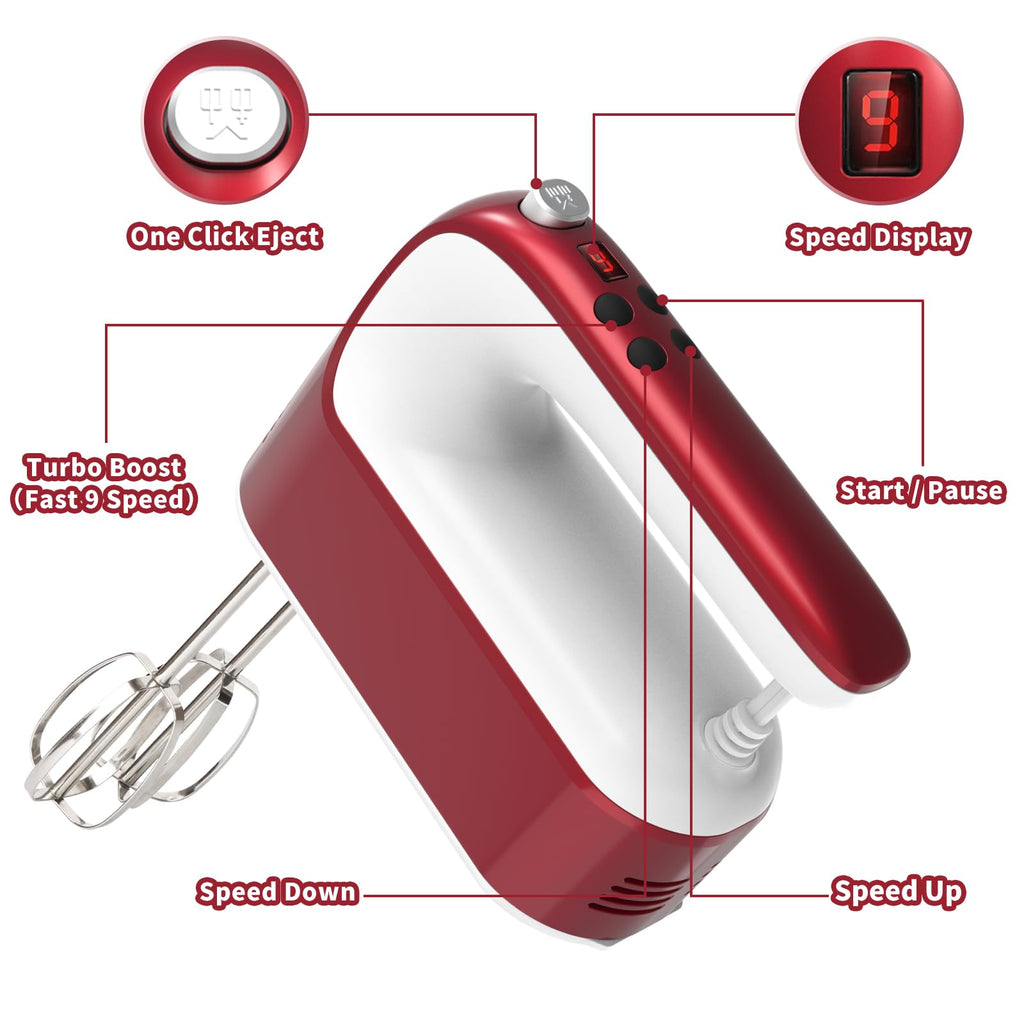 Yomelo 9-Speed Digital Hand Mixer Electric, 400W Powerful DC Motor, Hand Mixer Electric Handheld with Snap-On Storage Case, 5 Stainless Steel Accessories, Beaters, Dough Hooks, Whisk(Red/White)
