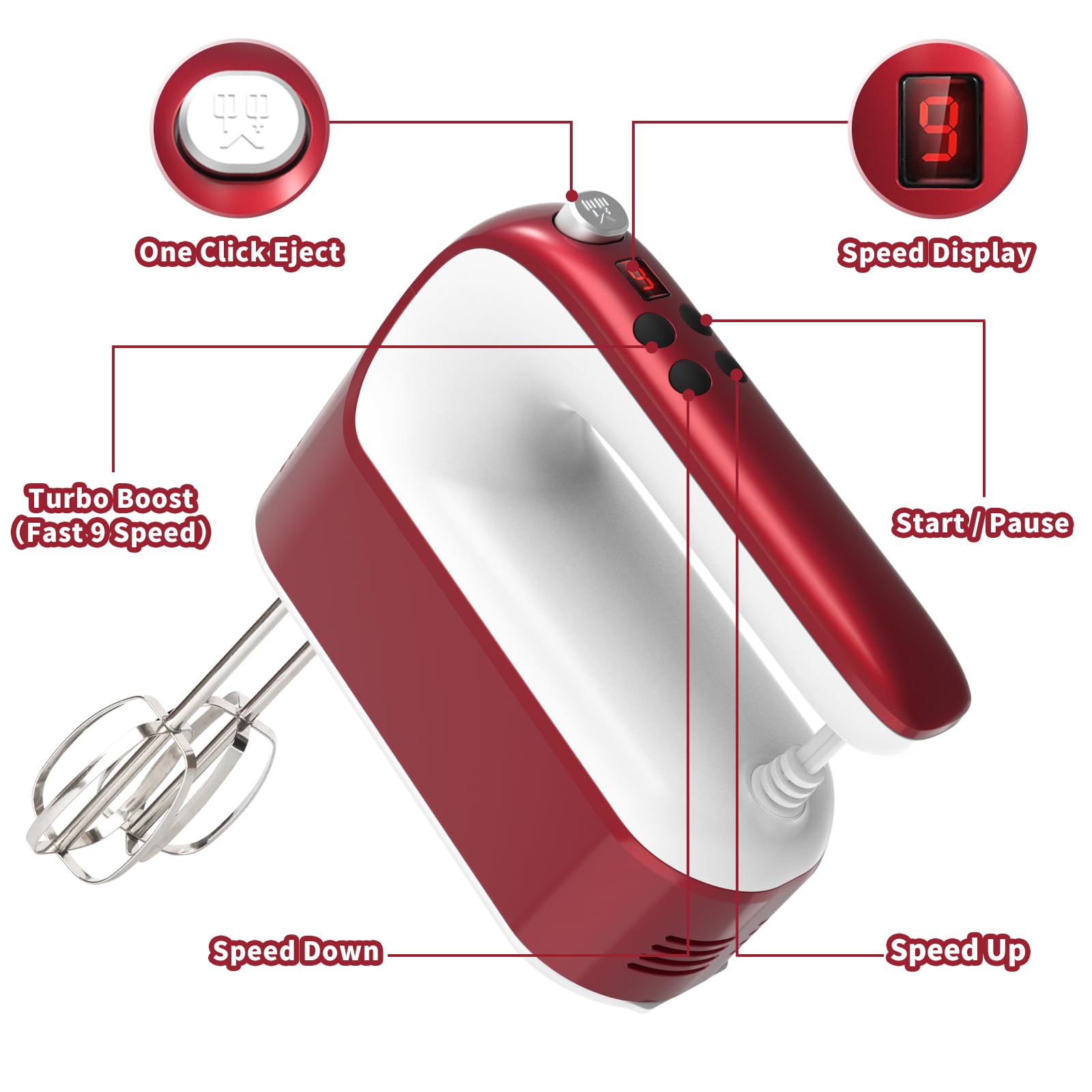 Yomelo 9-Speed Digital Hand Mixer Electric, 400W Powerful DC Motor, Hand Mixer Electric Handheld with Snap-On Storage Case, 5 Stainless Steel Accessories, Beaters, Dough Hooks, Whisk(Red/White)