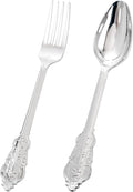 BUCLA 200PCS Silver Plastic Forks and Spoons - Plastic Silverware Baroque - Disposable Silverware Heavy Duty - 100PCS Silver Forks and 100PCS Spoons for Weddings, Christmas and Party