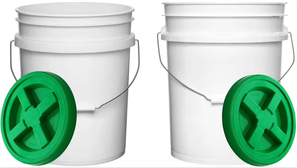 House Naturals Food Grade 5 Gallon Made in USA Plastic Bucket with Air Tight Screw on Lid (White Buckets with Red Lids)