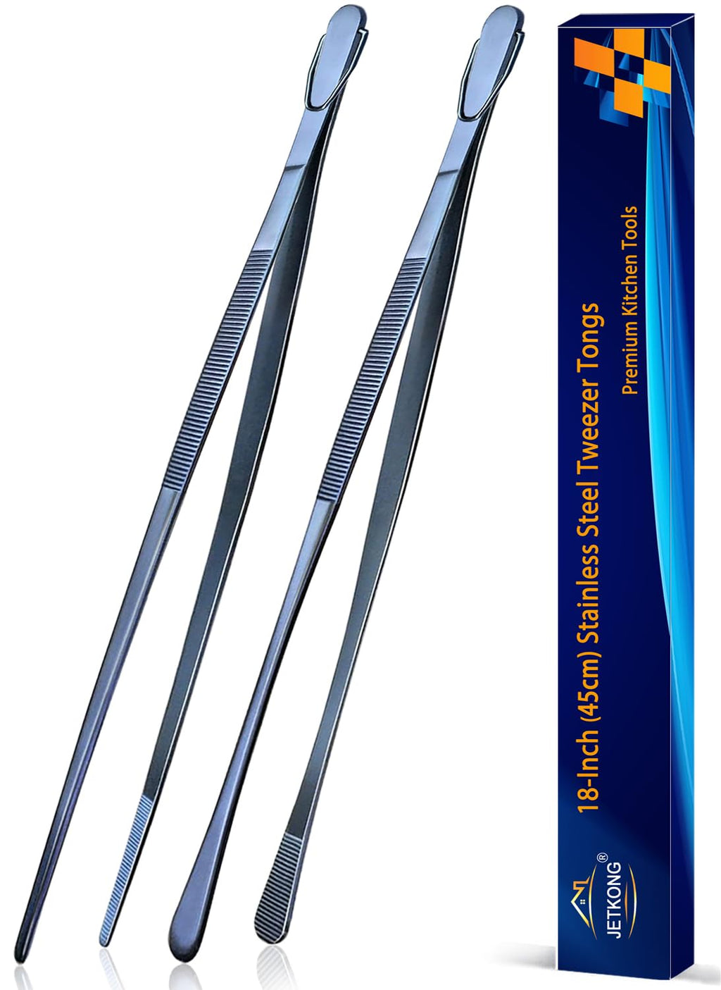 JETKONG 2 Pcs 12-Inch Cooking Tweezer Tongs Stainless Steel Kitchen Tweezers Plating Tongs (Navy Blue)