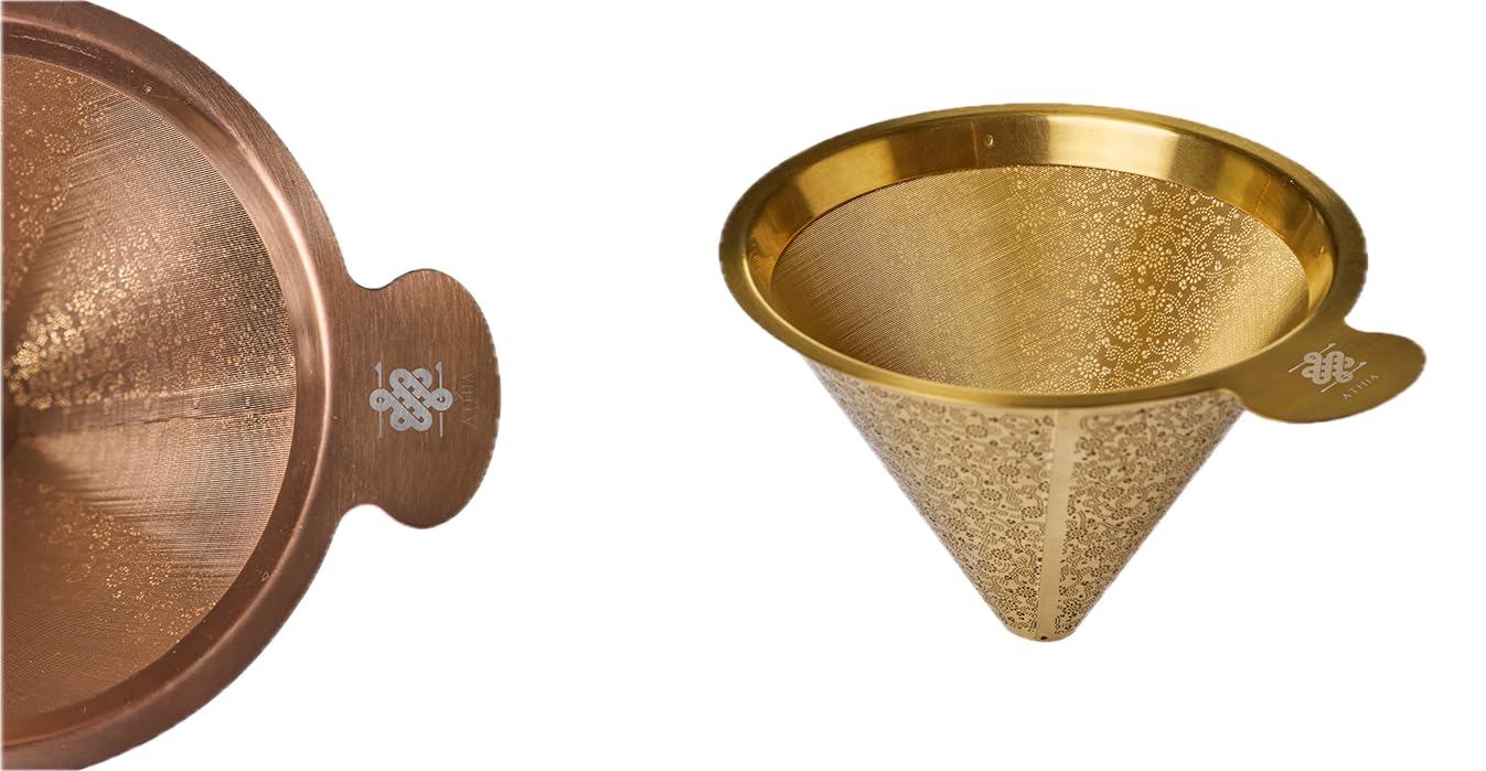 ATHIA Golden Dripper Reusable Stainless Steel Coffee Filter Paperless Cone Filter for Drip Coffee Makers Eco-Friendly Easy Clean Compatible with Most Coffee Makers (Golden, Cone Shape)