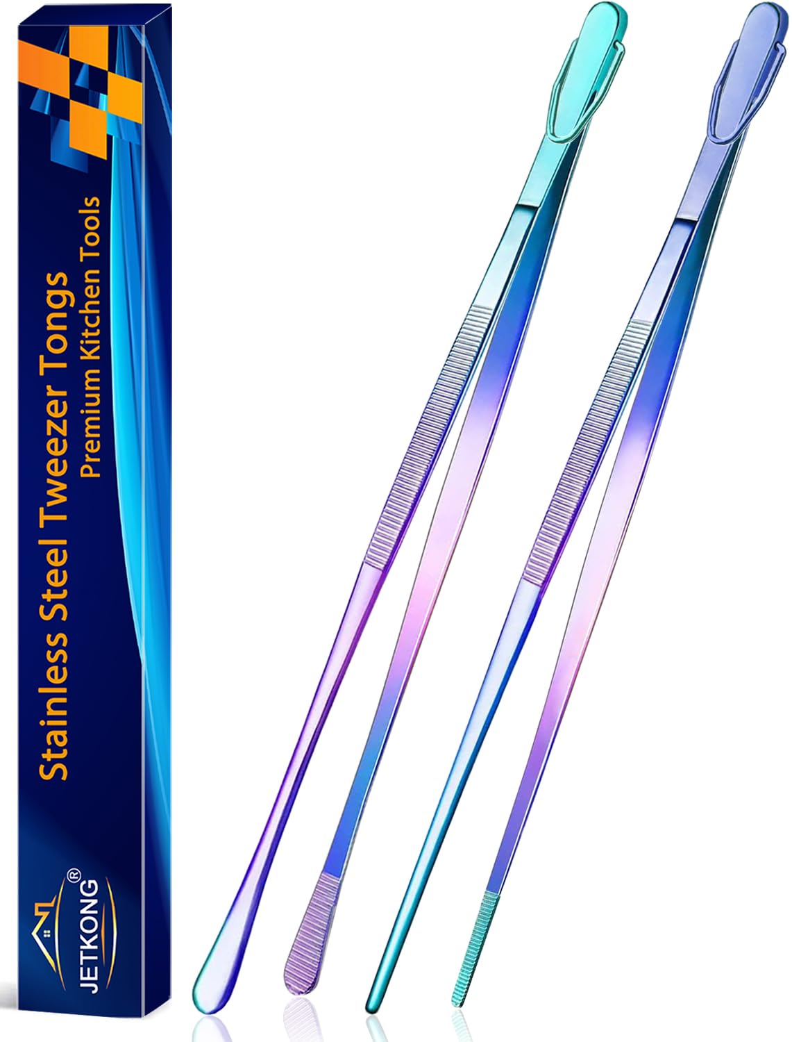 JETKONG 2 Pcs 12-Inch Cooking Tweezer Tongs Stainless Steel Kitchen Tweezers Plating Tongs (Navy Blue)