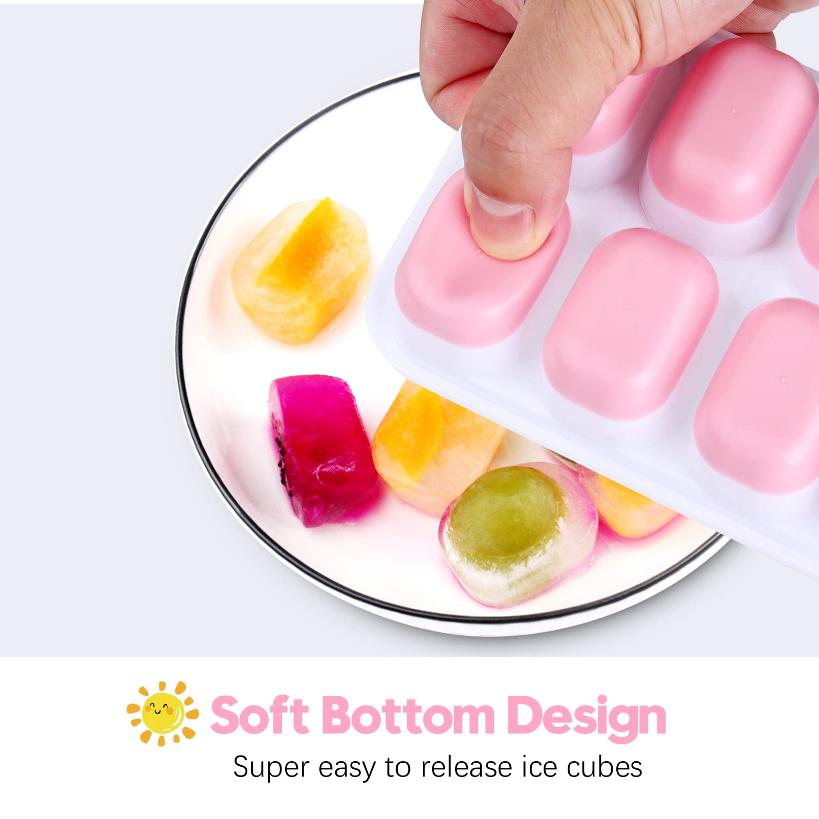 Silicone Ice Cube Tray, 4 Pack Easy-Release & Flexible 14-Ice Cube Trays with Spill-Resistant Removable Lid, Stackable Ice Trays with Covers for Freezer, Cocktail (Pink)