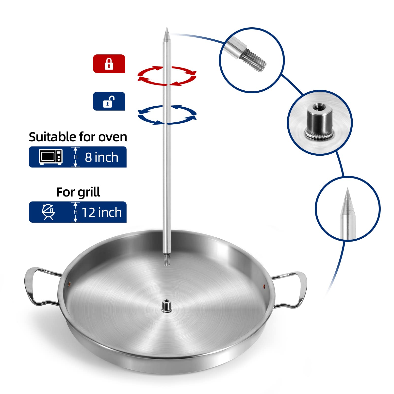 IDAKOS Food-grade 304 Stainless Steel Vertical Skewer Stand with Drip Pan, Anti-Tilt Spit Rack for BBQ Oven Al Pastor Shawarma Kebab