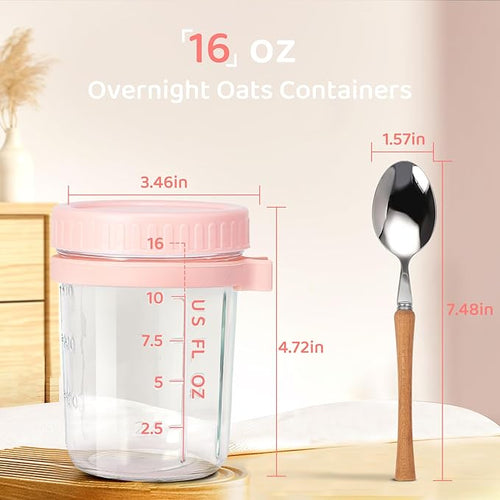 16oz Glass Overnight Oats Containers with Lids and Spoons, 4 Pack Pink