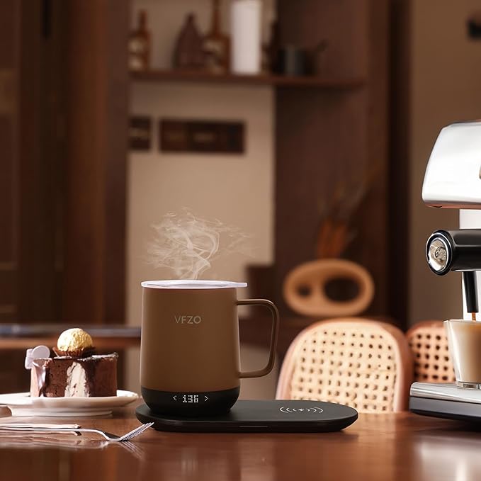 VFZO Temperature Control Smart Mug, Self Heating Coffee Mug LED Display, 180 Min Battery Life - Hot up to 149℉ Fast Wireless Charger Base Improved Design (12oz, Coffee)