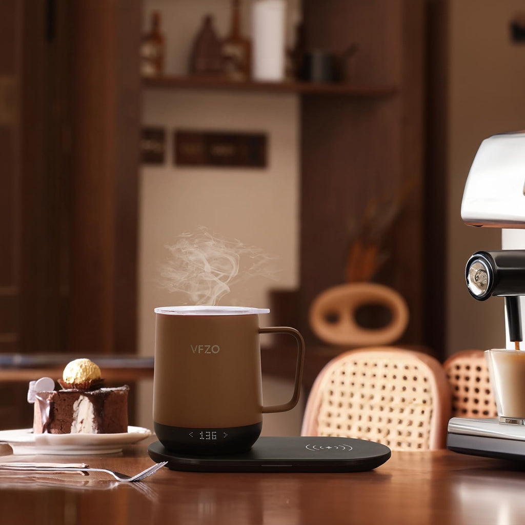 VFZO Temperature Control Smart Mug, Self Heating Coffee Mug LED Display, 180 Min Battery Life - Hot up to 149℉ Fast Wireless Charger Base Improved Design (12oz, Coffee)