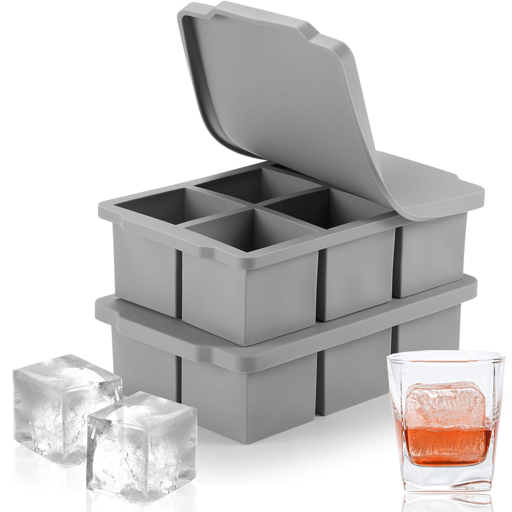 Nax Caki Large Ice Cube Molds Tray with Lid, Pack of 2, Stackable Big Silicone Square Ice Cube Mold for Whiskey Cocktails Bourbon Soups Frozen Treats, BPA Free