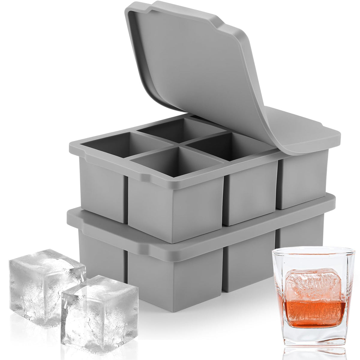 Nax Caki Large Ice Cube Molds Tray with Lid, Pack of 2, Stackable Big Silicone Square Ice Cube Mold for Whiskey Cocktails Bourbon Soups Frozen Treats, BPA Free