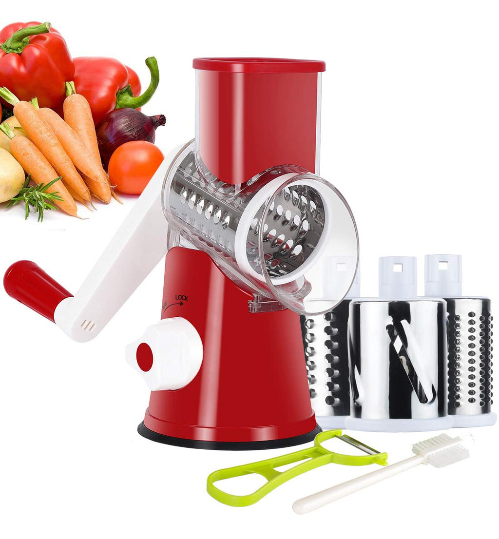 Ourokhome Rotary Cheese Grater Hand Crank, Kitchen Shredder Speed Mandolin Slicer Nut Grinder with Handle and Drum Blades for Cheese, Vegetable, Walnut, Chocolate, Potato, Carrot, 3 Blades, Red