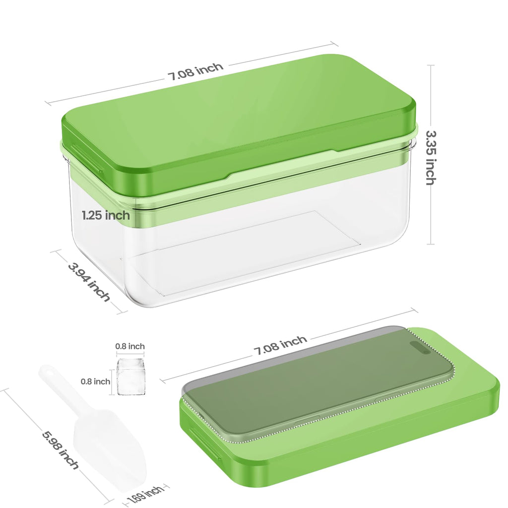 0.8“ Ice Cube Tray with Lid and Bin, PHINOX 28 Cubes Ice Trays for Freezer, Ice Cube Trays for Freezer with 1 tray, Container, Lid & Ice Scoop, BPA Free, Green(28Cubes/Tier)