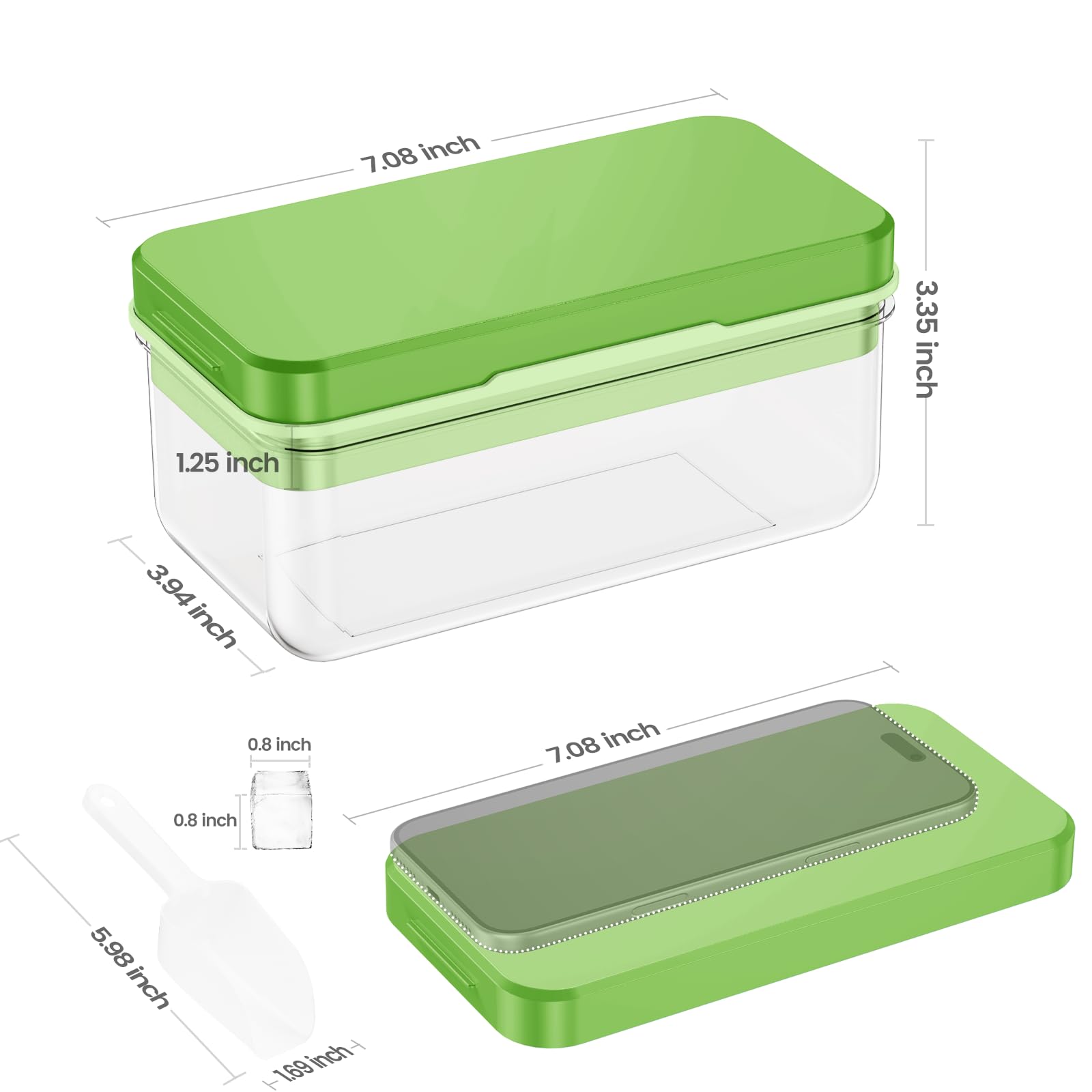 0.8“ Ice Cube Tray with Lid and Bin, PHINOX 28 Cubes Ice Trays for Freezer, Ice Cube Trays for Freezer with 1 tray, Container, Lid & Ice Scoop, BPA Free, Green(28Cubes/Tier)